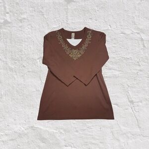 Decorated Originals Embellished Tunic Top Women's S 3/4 Sleeve Vintage Y2K Brown
